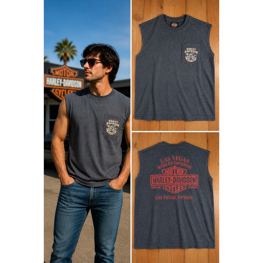 Harley-Davidson Las Vegas Sleeveless T-Shirt Men's Medium Gray Biker Muscle Tee